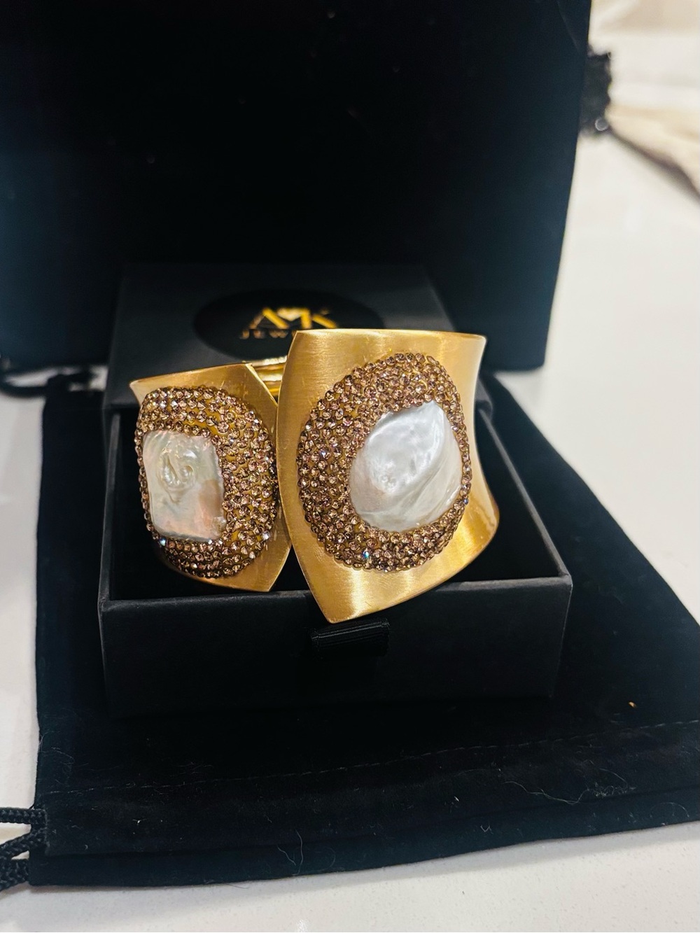 Gold Pearl & Crystal Cuff Bracelet - Designer